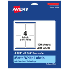 Avery Matte White Rectangle Labels with Sure Feed 4.75"""" x 3.75"""" 400 Matte White Printable Labels