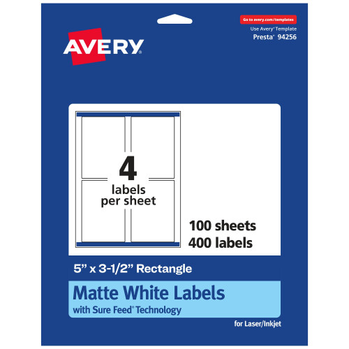 Avery Matte White Rectangle Labels with Sure Feed  5"""" x 3.5""""  400 Matte White Printable Labels