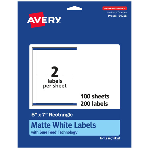 Avery Matte White Rectangle Labels with Sure Feed  5"""" x 7""""  200 Matte White Printable Labels