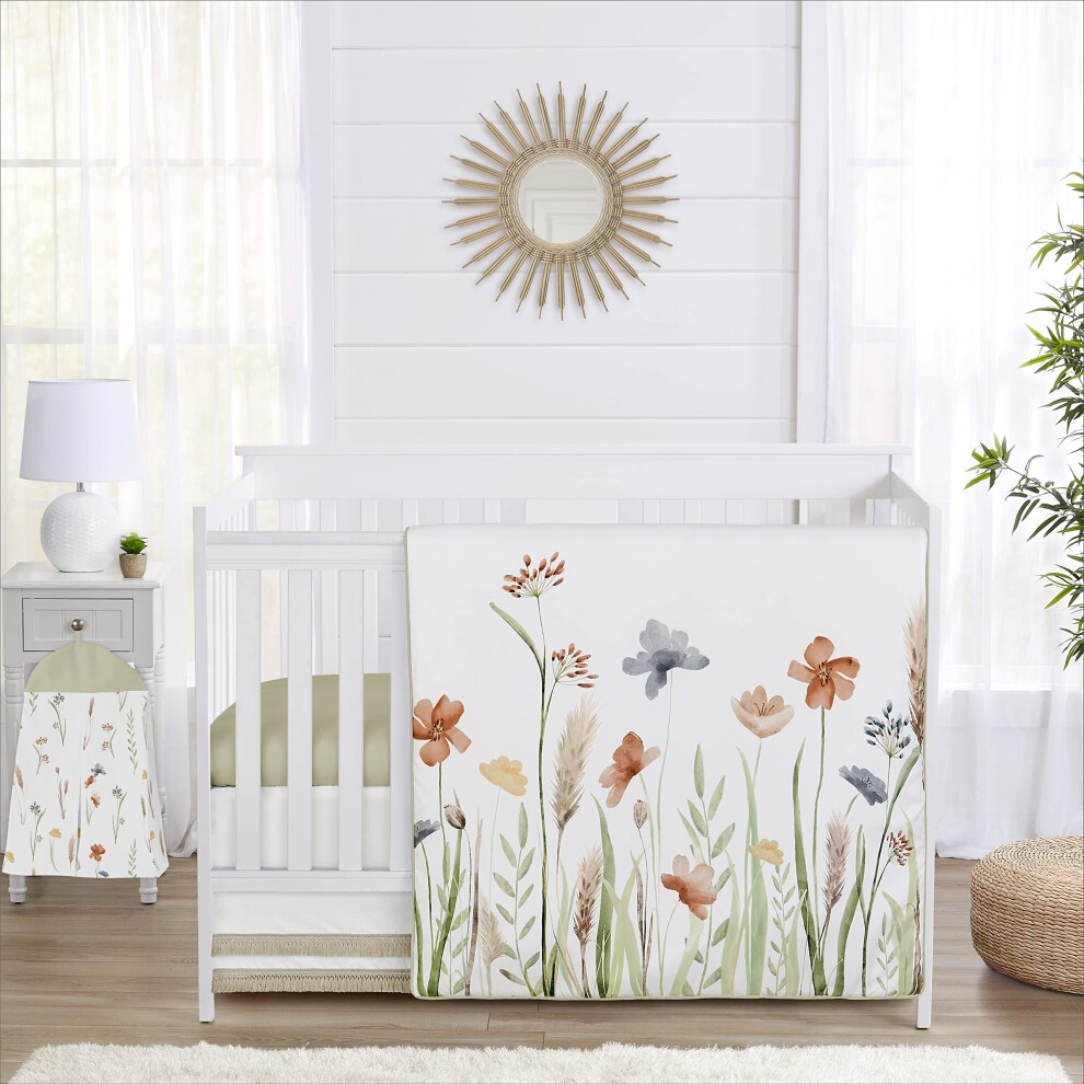 Parure de lit 4 pièces Sweet Jojo Designs pour bébé (fleurs bohèmes vertes) pour filles, avec couverture, drap-housse, jupe et range-couches (jar