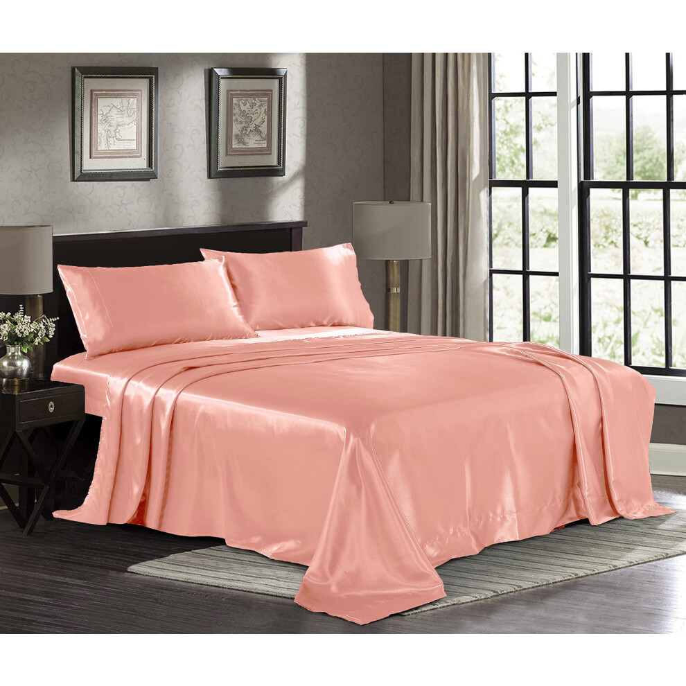 Draps en satin pour lit double [4 pièces rose poudré] Draps de lit soyeux de luxe pour hôtel - Ensemble de draps en microfibre 1800 extra doux, i