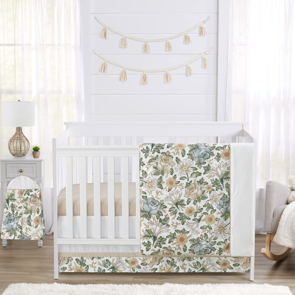 Parure de lit 4 pièces Sweet Jojo Designs pour bébé (bleu, bohème, vintage, floral) pour fille, avec couverture, drap-housse, jupe, range-couches