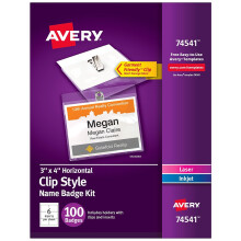 Avery Top-Loading t?j-venlige navneskilte i klipstil 3"""" x 4"""" 100 badges(74541)