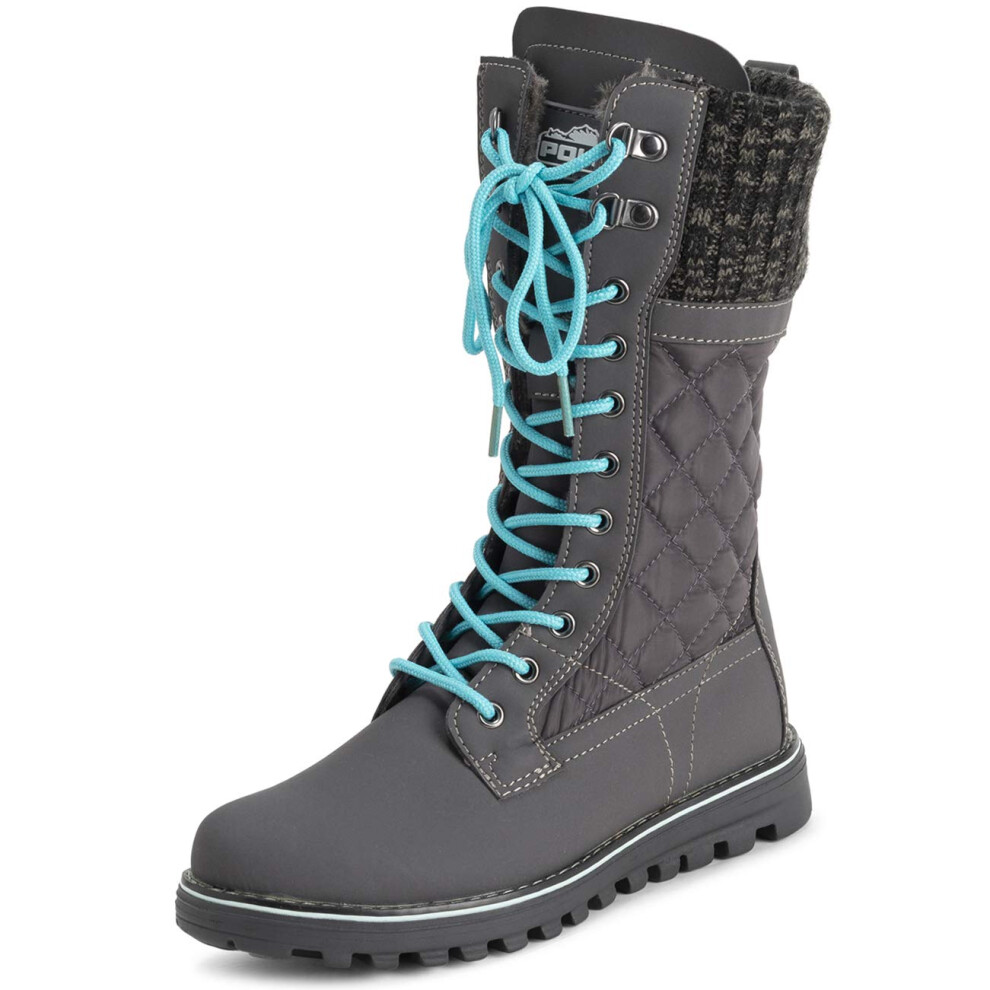 POLAR Womens Faux Fur Warm Thermal Waterproof Outdoor Walking Snow Winter Rubber Sole Calf Boots - Grey/Blue - EU36/US5 - YC0607