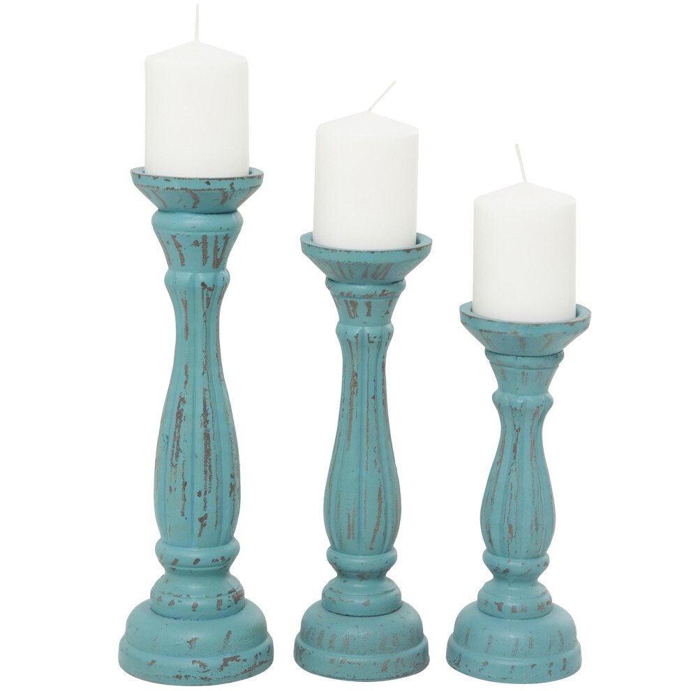 Bougeoir d  coratif en bois Deco 79, lot de 3 bougeoirs vieillis, 38,1 cm, 33 cm, 28 cm, bleu