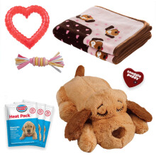 Alkuper  inen Snuggle Puppy Essentials -aloituspakkaus. Heartbeat-koiralelu ja rauhoittava apuv  line, jossa kolme l  mp  pakkausta, hampaiden puhkea