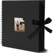Schwarzes 12x12 Scrapbook-Album mit Seidenbandeinband, Fenster, Spiralbindung, Fotobuch für Hochzeitstag (80 Seiten)