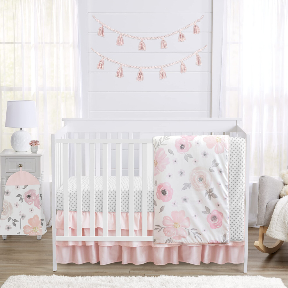 Parure de lit 4 pièces Sweet Jojo Designs pour bébé (rose/gris, motif floral bohème) pour fille, avec couverture, drap-housse, jupe et range-couc