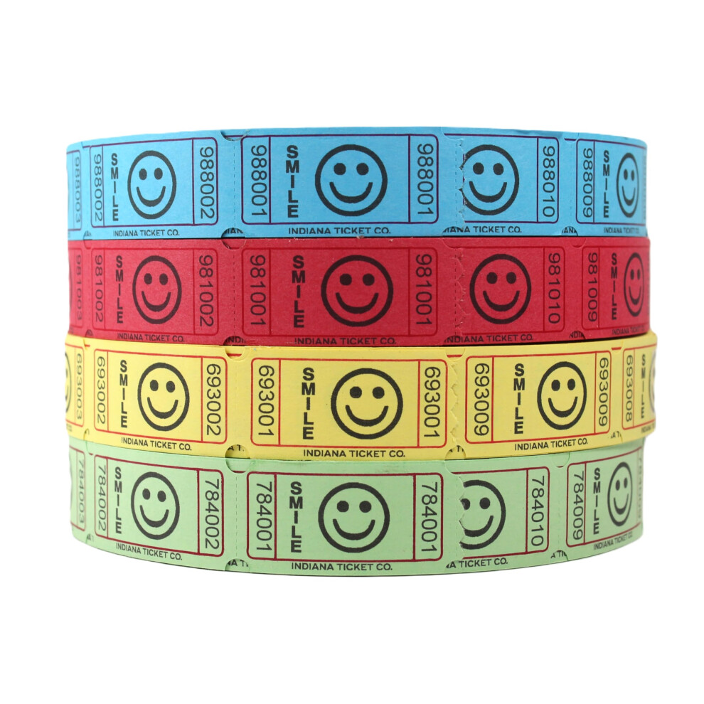 Indiana Ticket Co. Smile - Confezione Da 4 Biglietti Per Rotolo - 2000 Ciascuno In Blu, Rosso, Giallo E Verde (8000 Totali) 1X2 Per Ammissione, Eventi, Raccolte Fondi, Premi, Premi In Classe, Bevande-image
