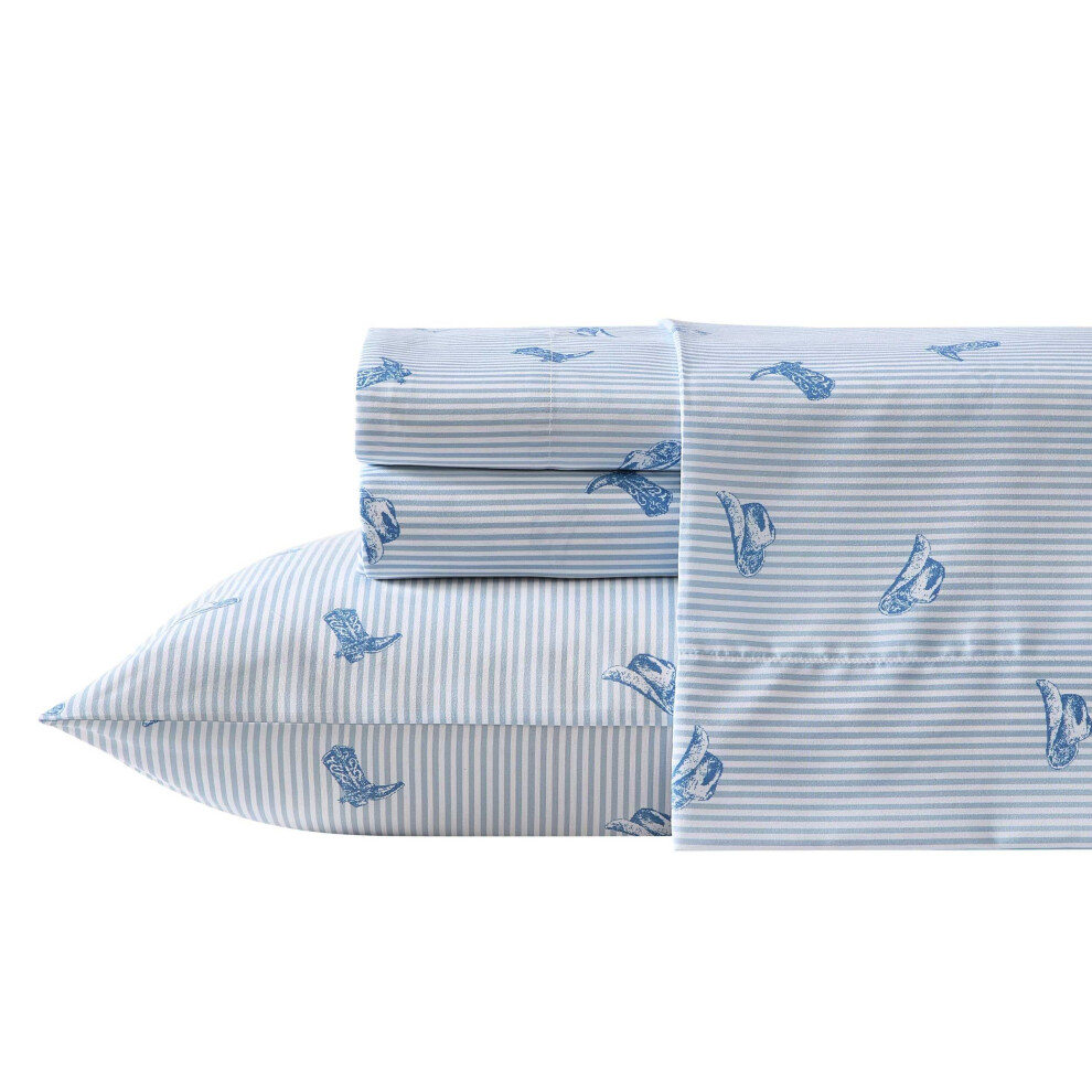 Wrangler - Sheet Set  Breathable & Wrinkle Resistant Bedding with Matching Pillowcase  Yellowstone Inspired  Fully Elasticized (Cowboy Pinstripe Blue
