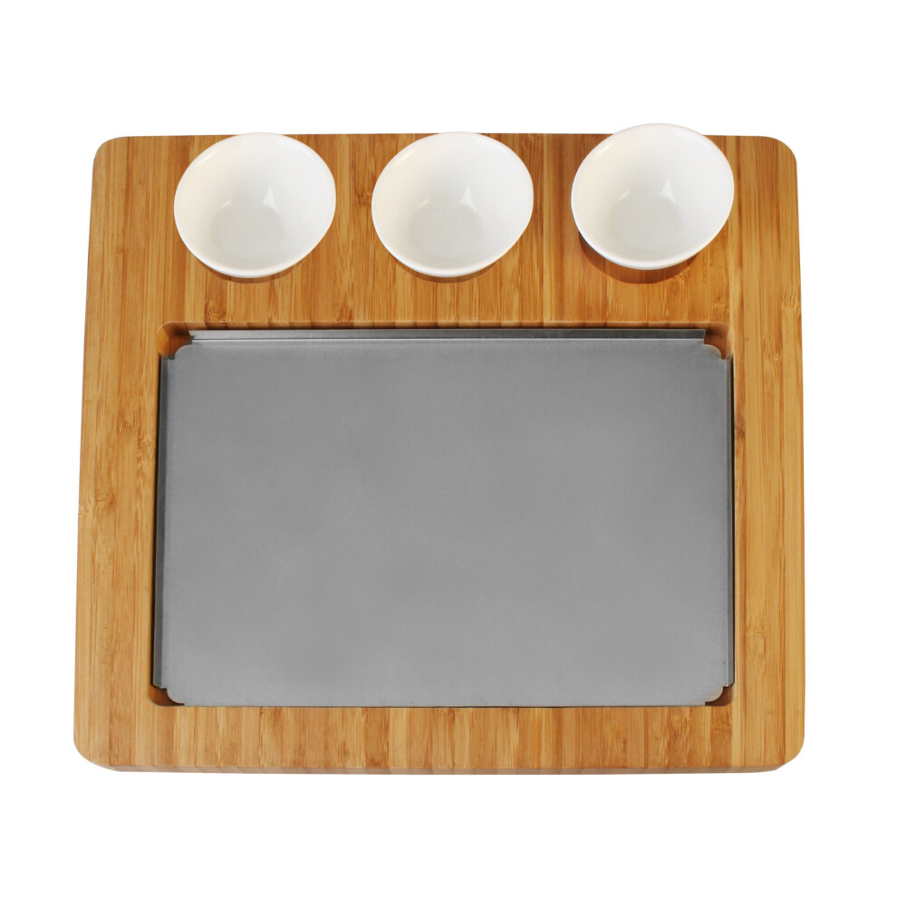 Artestia Bamboo Platter Replacement for AR-88023  1 Stainless Steel Tray + 3 Ceramic Cups + 1 Bamboo Serving Tray  No Stones Included-image-OPC-PGT69XH-NEW