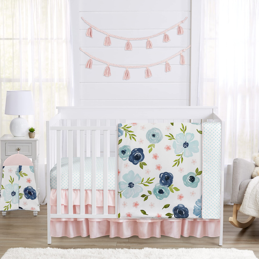 Parure de lit 4 pièces Sweet Jojo Designs pour bébé (rose/bleu, motif floral bohème) pour fille, avec couverture, drap-housse, jupe et range-couc