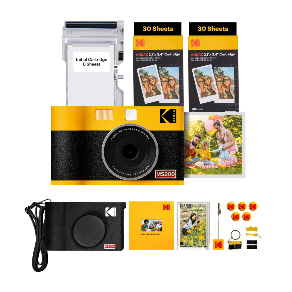 KODAK Mini Shot 2 ERA 4PASS 2-in-1 Instant Camera and Photo Printer (Yellow  Camera + Initial 8 Sheets + 60 Sheets + Accessories)