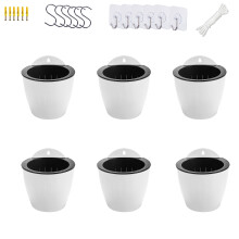 6 Pack White Hanging Planter Pots Self Watering Vertical Garden Wall Mount Window Hang Round Plastic Container Indoor Outdoor for Plants Flowers Succu