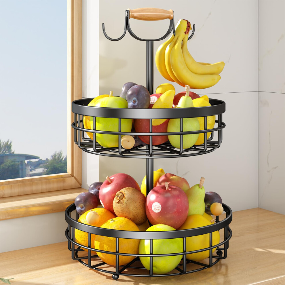 SAYZH Corbeille à fruits à 2 niveaux avec double support pour bananier et poignée en bois pour comptoir de cuisine, panier métallique pour pain,