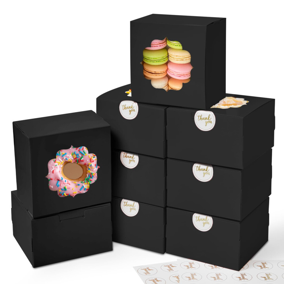 Shallive Scatole Piccole Per Biscotti Da 10 Cm, 100 Pezzi, Colore Nero, Con Finestra Per Regali Di Laurea, Scatole Da Asporto Per Fette Di Torta, Macaron, Ciambelle, 10 X 10 X 6,3 Cm-image