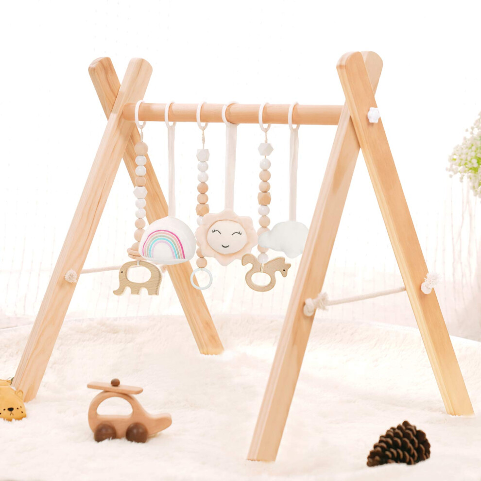 Han-Mm Wooden Baby Gym With 6 Wooden Baby Toys Foldable Baby Play Gym Frame Activity Gym Hanging Bar Newborn Gift Baby Girl And Boy Gym (Natural Color Han Han