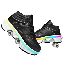 Double-Row Deform Wheel Automatic Walking Shoes Invisible Deformation Roller Skate 2 in 1 Removable Pulley Skates Skating Parkour (Black with Light