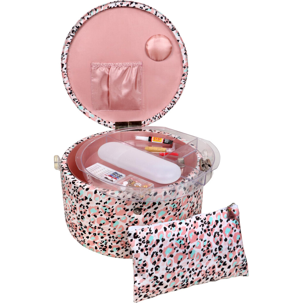 SINGER Large Round Sewing Basket with Emergency Travel Sewing Kit & Matching Zipper Pouch - Rose Pink Leopard Print