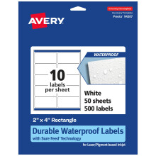 Avery Waterproof Rectangle Labels with Sure Feed  2"""" x 4""""  500 White Labels (36567)