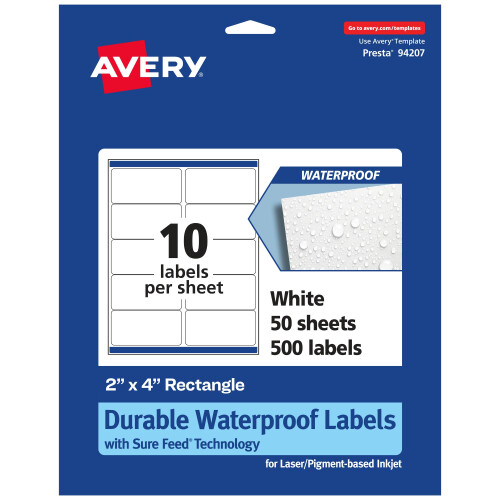 Avery Waterproof Rectangle Labels with Sure Feed  2"""" x 4""""  500 White Labels (36567)