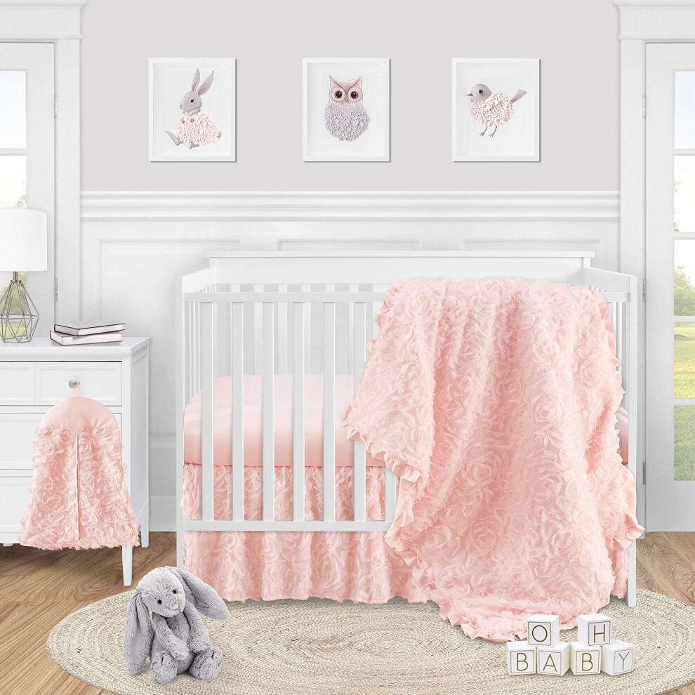 Parure de lit 4 pièces Sweet Jojo Designs pour bébé (roses roses) pour filles, avec couverture, drap-housse, jupe, range-couches (roses à volants