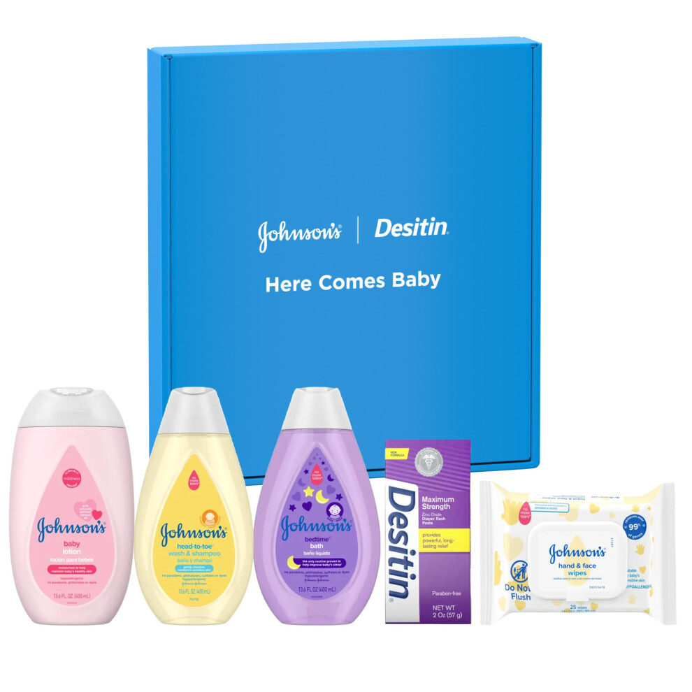 Johnson's Baby Here Comes Baby Gift Set  Baby Essentials for New Parents with Moisturizing Lotion  Bedtime Bath  Body Wash & Shampoo  Hand & Face Wipe