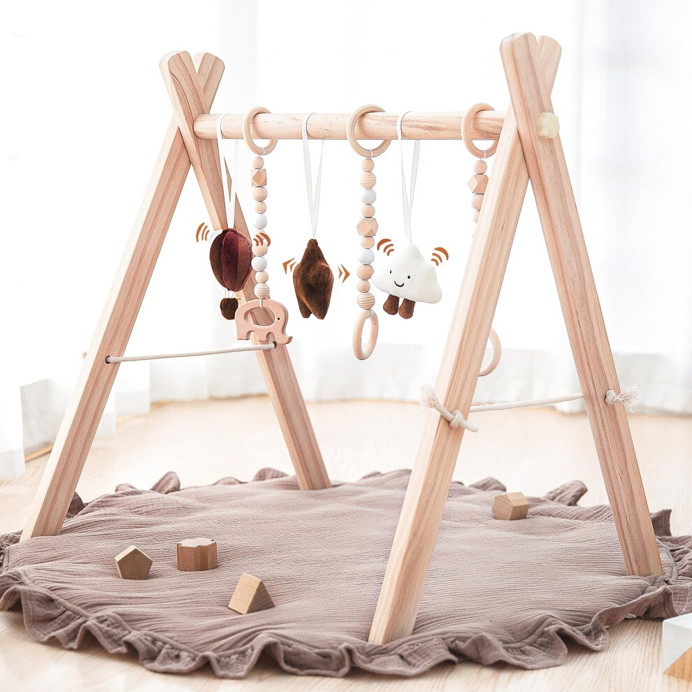 Wooden Baby Play Gym Play Mat Baby Gym With 6 Hanging Sensory Toys Foldable Baby Gym For Newborn Shower Gift Razee