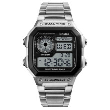 (Silber) Herren-Digitaluhr, Stoppuhr, Countdown-Alarm, leuchtende Uhr