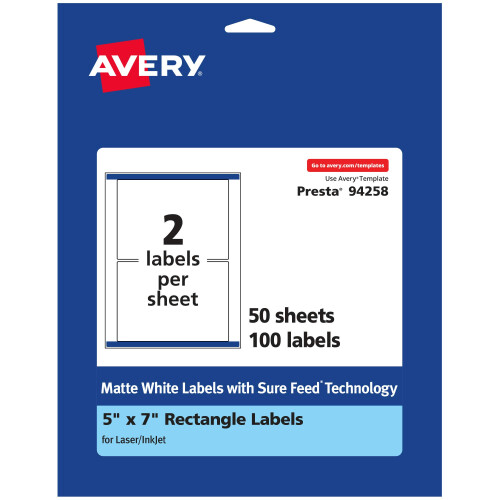 Avery Matte White Rectangle Labels with Sure Feed  5"""" x 7""""  100 Matte White Printable Labels