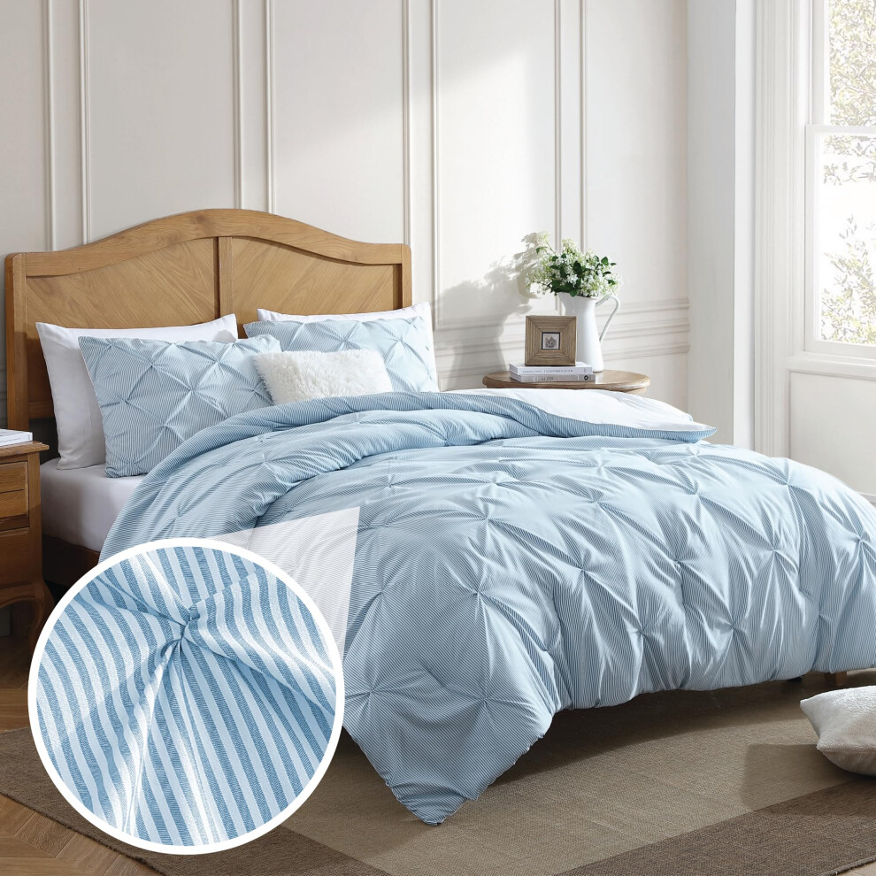 Swift Home Twin/Twin Xl Nadelstreifen-Chambray-Bettdeckenset In Blau ? Klassisches Biesen-Bettwascheset ? 2-Teiliges Bettwascheset, 1 Bettdecke U-image