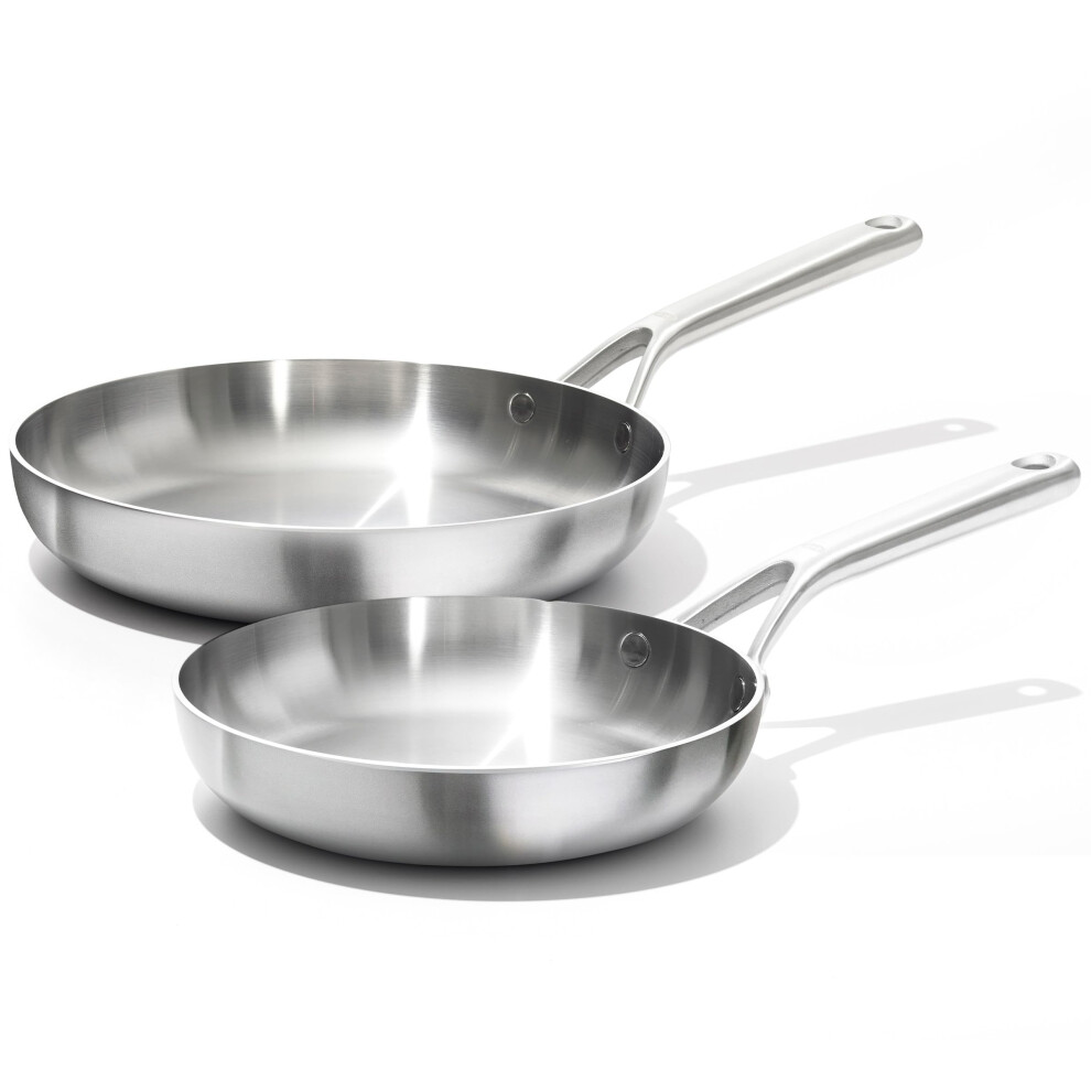 OXO Mira Tri-Ply Stainless Steel  8"""" and 10"""" Frying Pan Skillet Set  Induction  Multi Clad  Dishwasher and Metal Utensil Safe Black