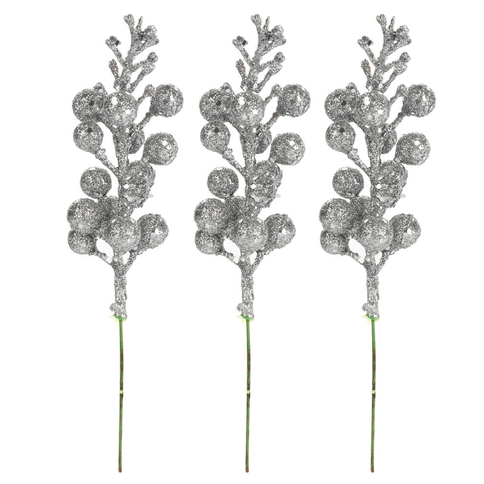 (Argent) 3 boules de baies scintillantes pour décoration de Noël