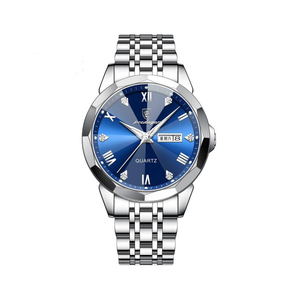 (Argent bleu) montre pour hommes calendrier lumineux Quartz affaires cadeau polyvalent
