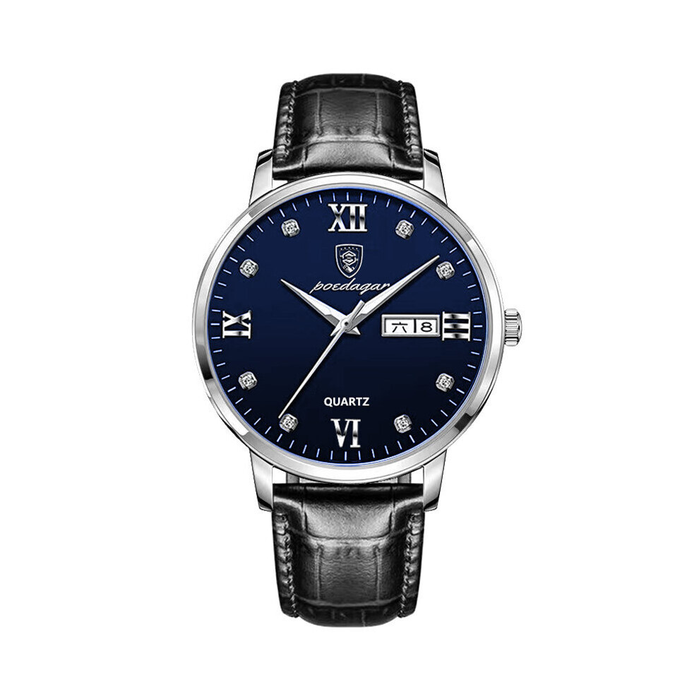 (Argent bleu) montre hommes calendrier lumineux Quartz affaires polyvalent mode à la mode