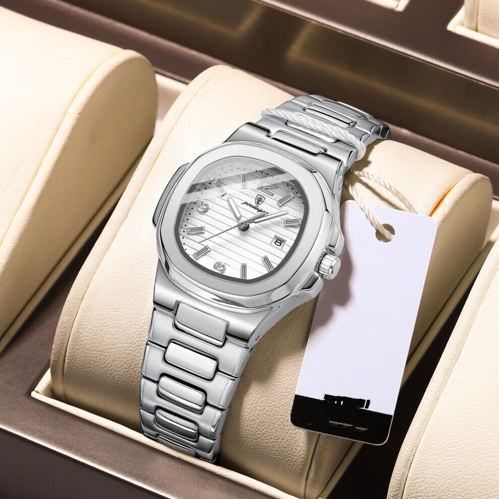 (Argent blanc) femmes mince montre calendrier Quartz polyvalent lumineux mode à la mode