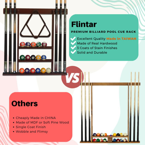 Flintar Premium Billiard Cue Rack  Solid Oak Hardwood  Direct Wall Mounting 2