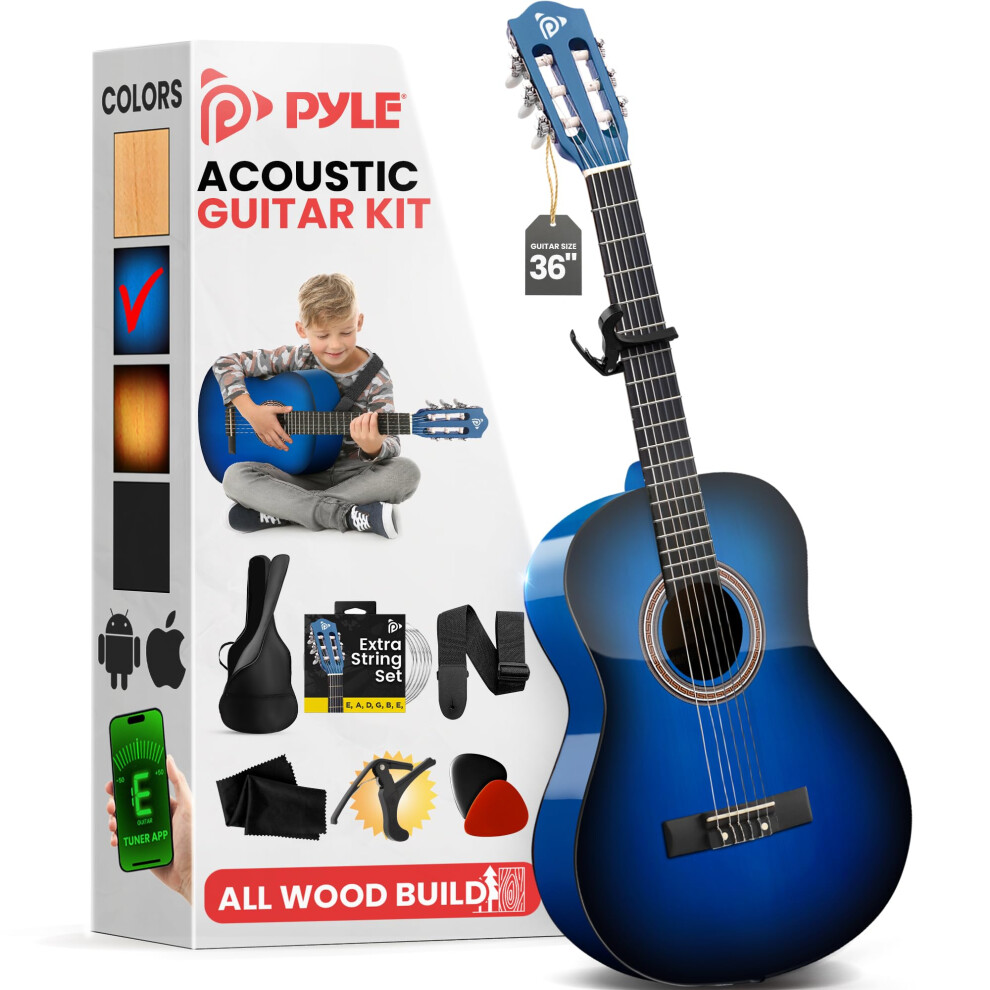 Pyle Beginner Acoustic Guitar Kit  3/4 Junior Size All Wood Build Nylon String Instrument with Capo  Gig Bag  Strap  Extra String Set  Guitars for Beg-image-OPC-PGT892N-NEW