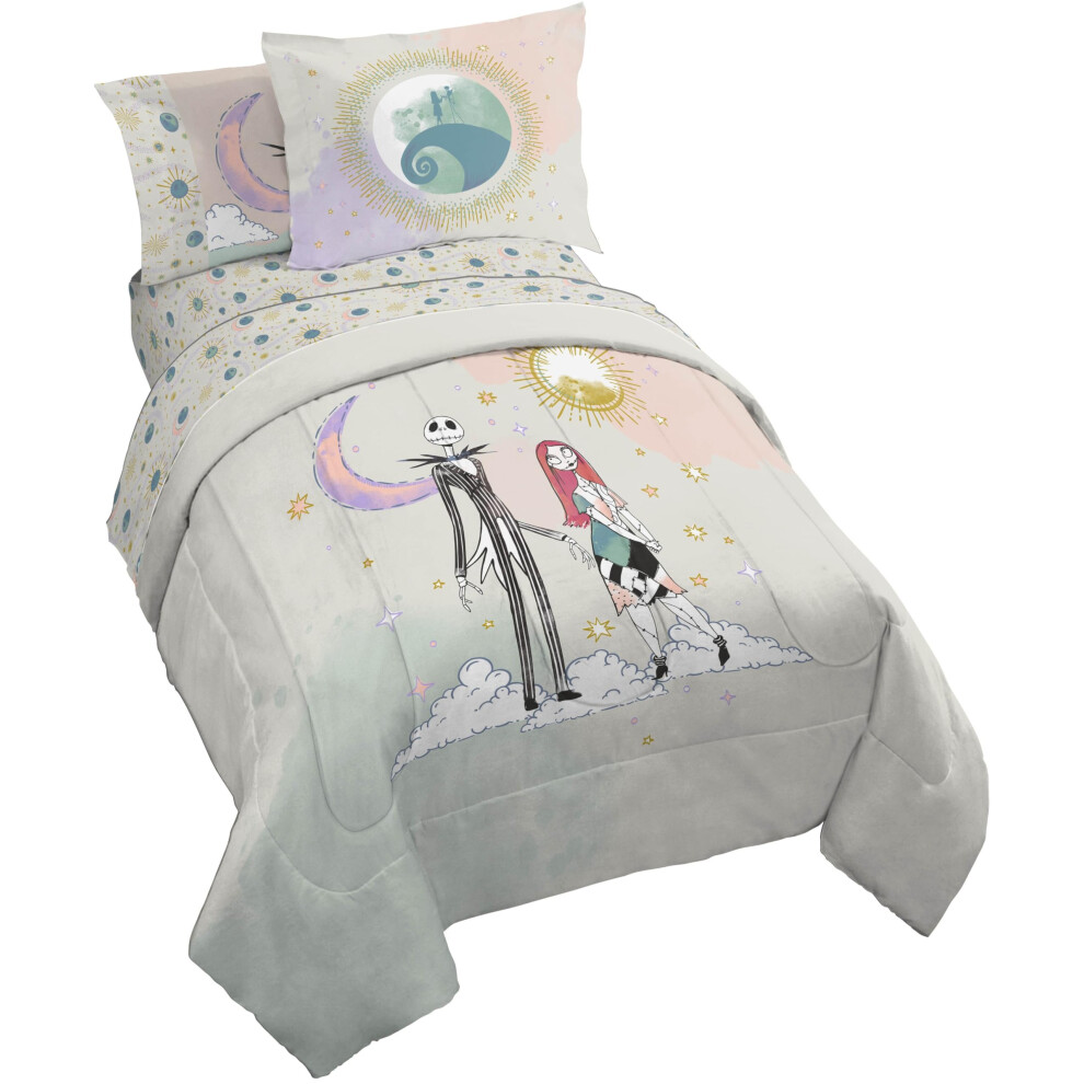 Parure de lit double Disney L'Étrange Noël de Monsieur Jack - 5 pièces. Parure de lit Jack et Sally avec draps et taies d'oreiller - Literie ombr