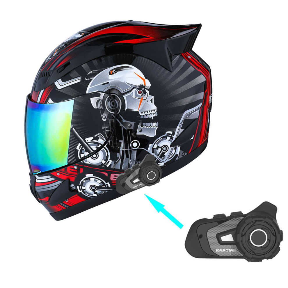1Storm Motorcycle Bike Full Face Helmet Mechanic + Motorcycle Bluetooth Headset: Skull Red-image-OPC-PGT89TK-NEW