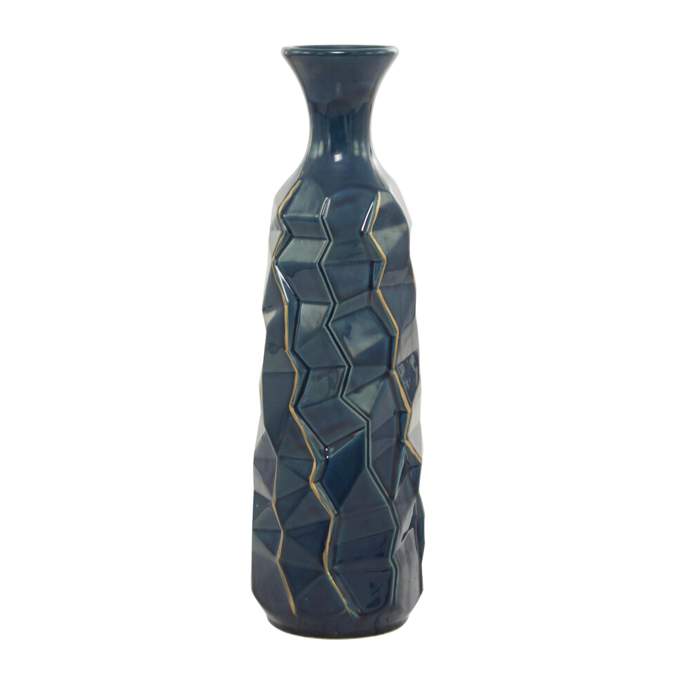 Deco 79 Dekorative Keramikvase, Facettierte Mittelst Ckvase Mit Goldenen Akzenten, Blumenvase F R Die Heimdekoration, 15,2 X 15,2 X 53,3 Cm, Blau-image