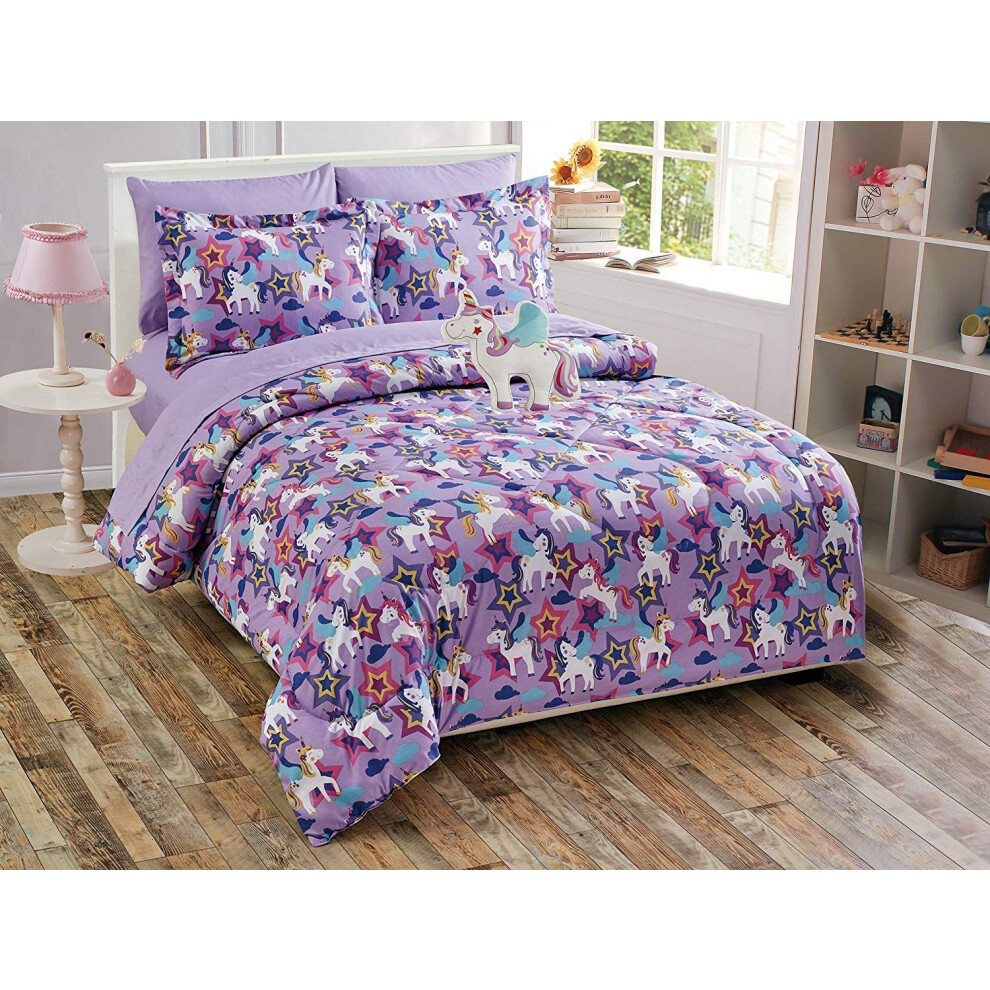Parure de lit    l   gante pour filles et enfants, motif licorne violette multicolore, avec housse de couette et oreiller d   coratif (taille double).