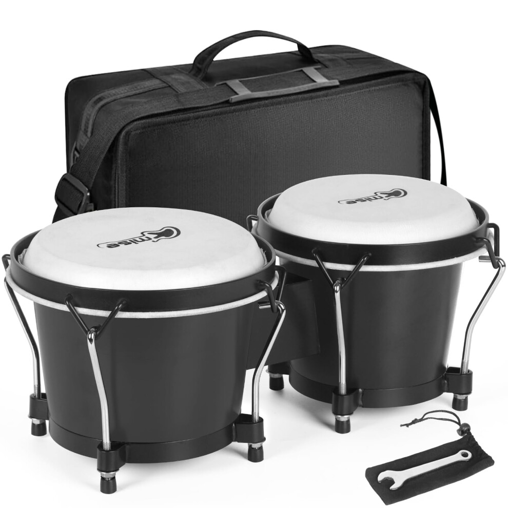 lotmusic Bongo Drums 6 and 7 Black Wooden Percussion Instrument Bongos for Adults Beginners Hand Drum with Carry Bag and Tuning Wrench for Educatio