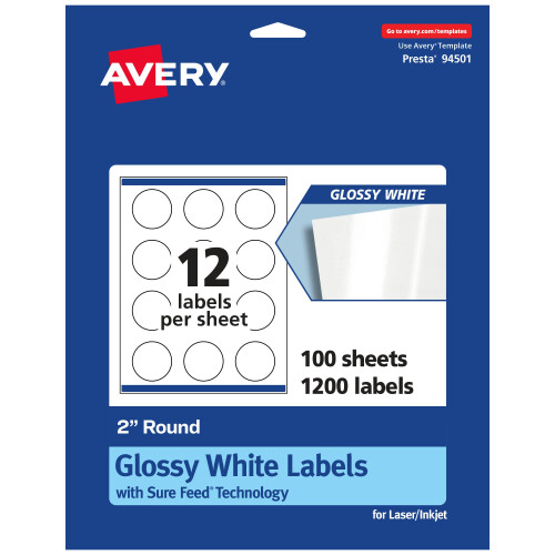 Avery Round Labels with Sure Feed  2"""" Diameter  1 200 Glossy White Labels (36498)