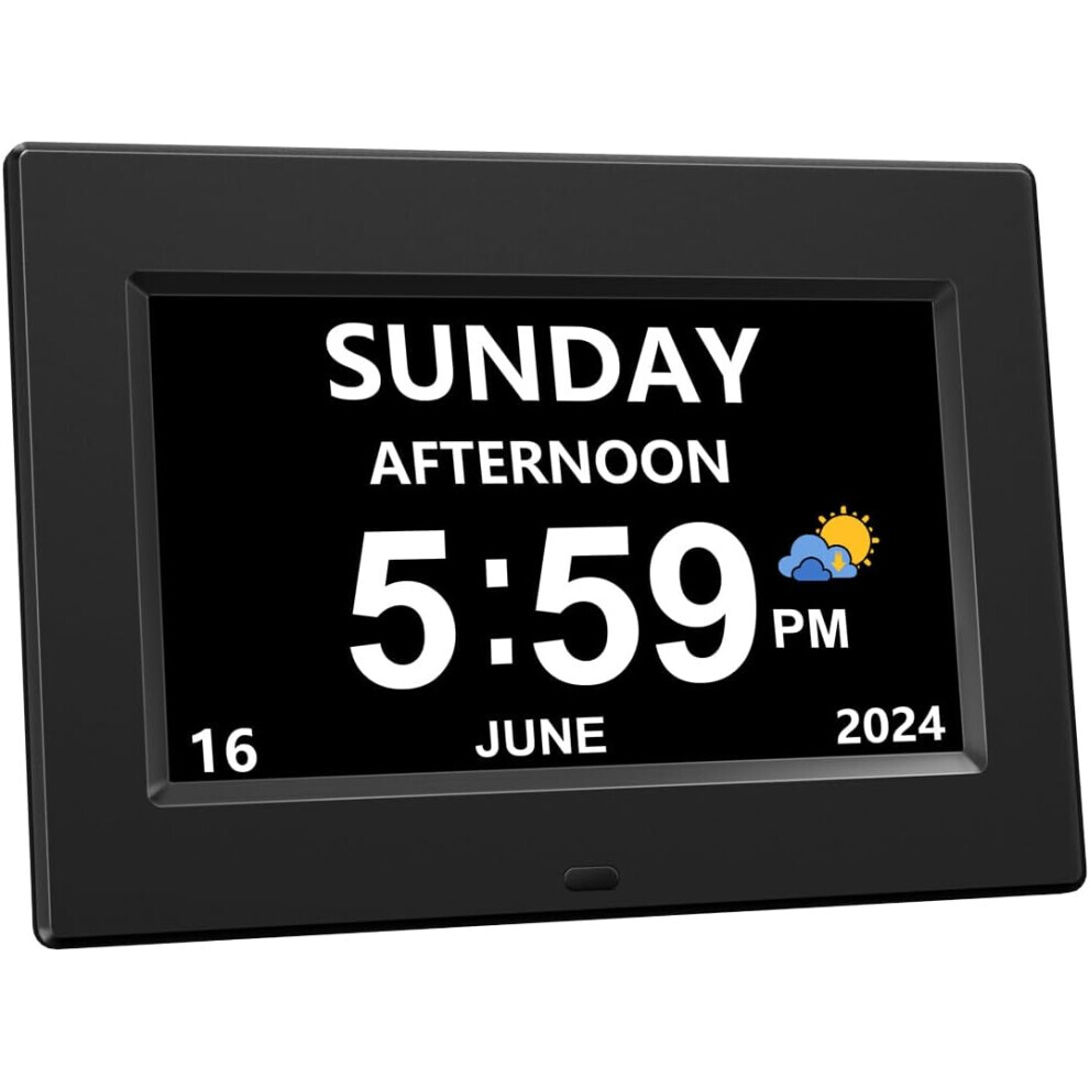 (Noir / 7 pouces) Horloge calendrier à gradation automatique Cadre photo numérique Affichage HD 12 alarmes