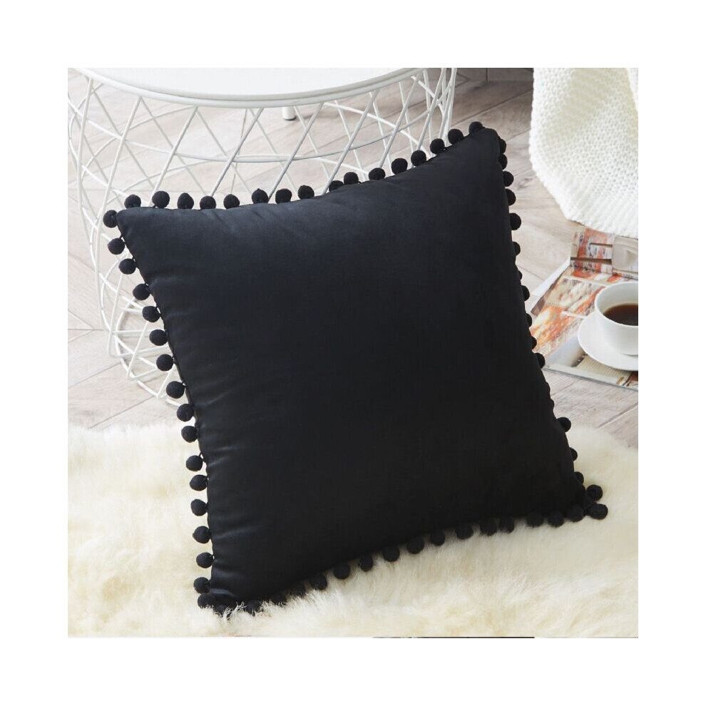(Noir, 45*45cm/17.72*17.72in) 45x45cm Housse de coussin de luxe à pompons Oreiller solide en velours