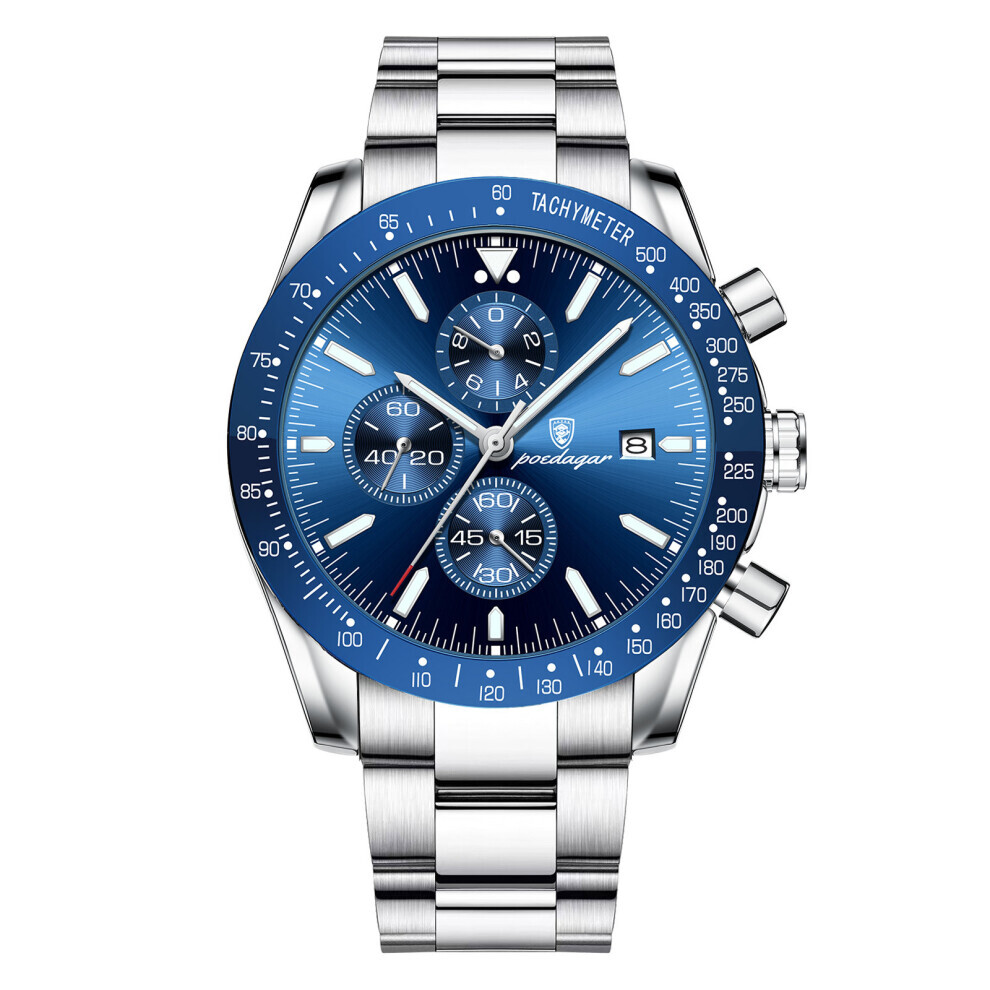 (Bleu) Montre pour homme avec bracelet en acier avec mouvement à quartz lumineux et boucle en acier