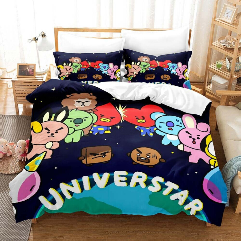 (Bleu foncé, 3 pièces 200 x 230 cm) Bangtan Nom BT21 BTS Design Housse de couette confortable Taie d'oreiller