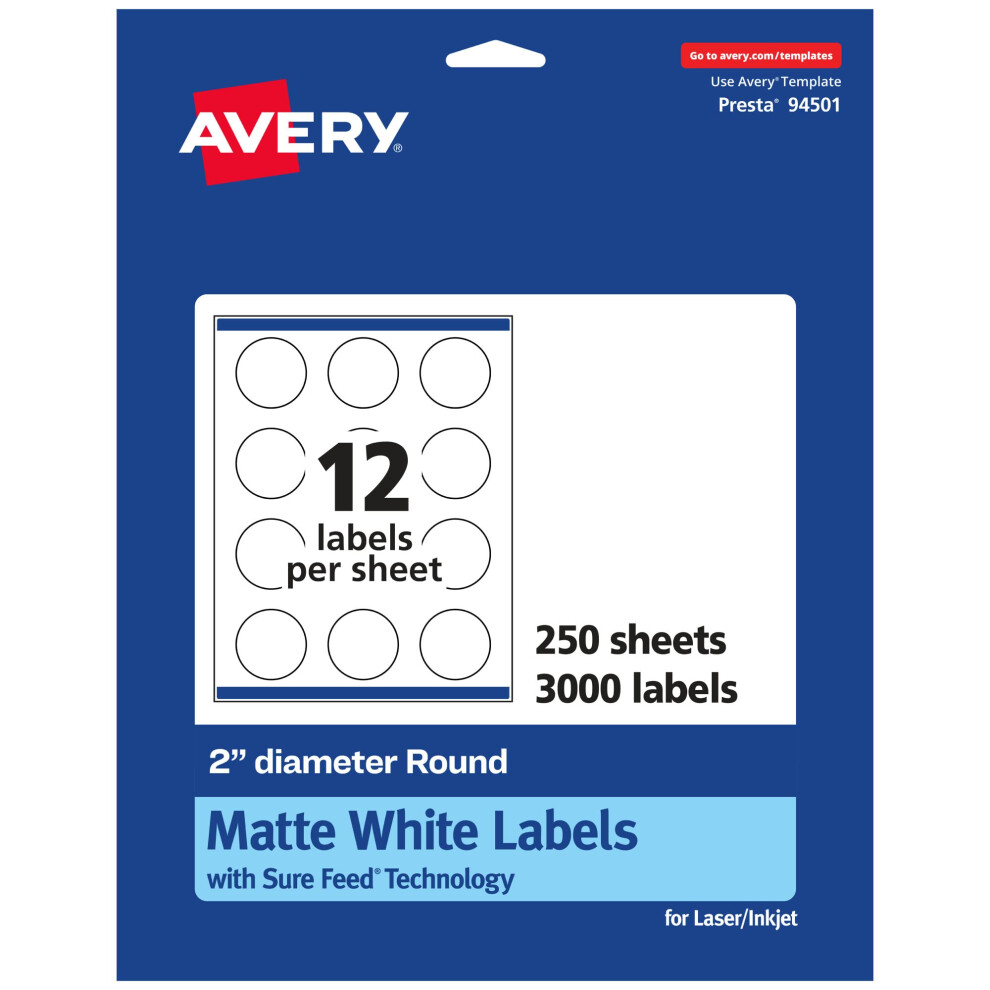 Tiquettes Rondes Blanches Mates Avery Avec Syst Me D'alimentation Sure Feed De 2 Pouces De Diam Tre, 3 000 Tiquettes Imprimables Blanches Mates-image