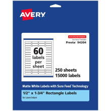 Avery Matte White Rectangle Labels with Sure Feed 0.5"""" x 1.75"""" 15 000 Matte White Printable Labels